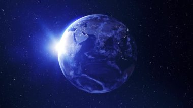 Earth planet turning 360 degrees in outer space . City lights on planet. Solar system element. 4K video loop.