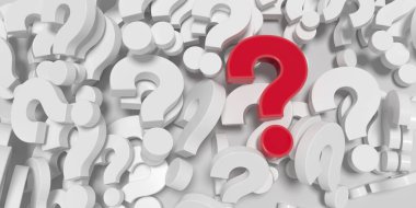 Large pile of white question mark symbols and highlight one red on top. 3D illustration