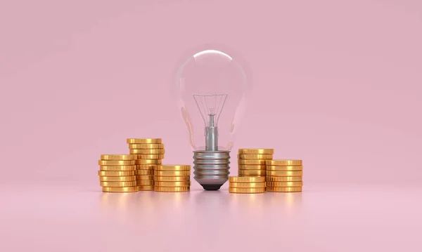 Light bulb with coins stack. Creative ideas for saving money concept. Rising energy cost concept. 3d illustration.