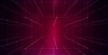 Abstract technology blocks on red background. block chain and data concept. Neon line on cyberspace.