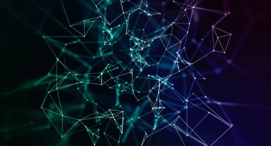 Abstract geometric background hologram colors with triangular cells for design and with broken, tech backdrop of connections and dots.