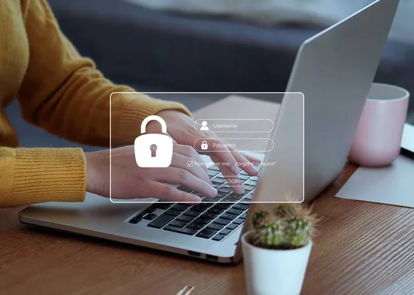 网络安全概念 妇女手打字键盘登录和密码在屏幕上显示 数据保护和安全上网 — 图库照片