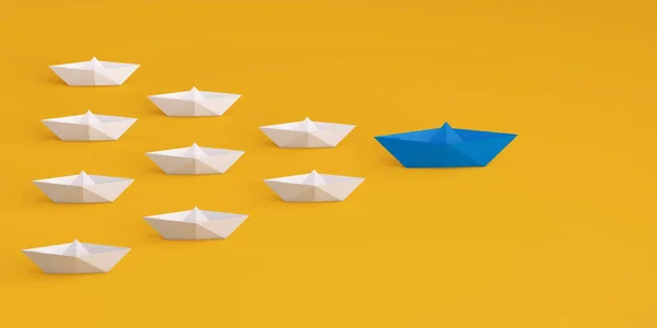 Papierowy Jacht Prowadzi Niebieski Następnie Inny Biały Jacht Żółtym Tle — Zdjęcie stockowe