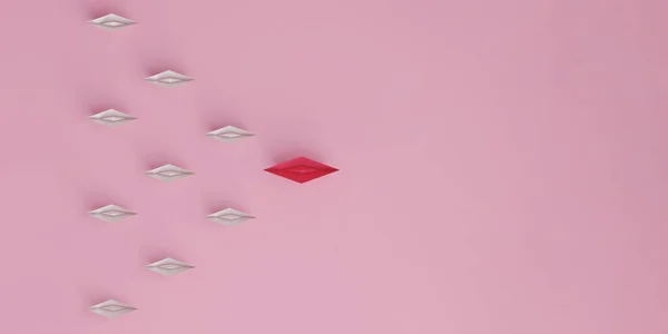 纸船在粉红色的背景上引领着粉红色的船 后面跟着其他白色的船 社交媒体或网络追随者的概念 3D渲染 — 图库照片