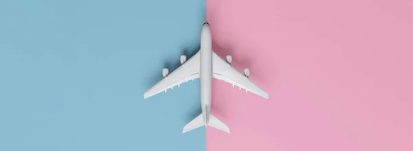 旅行概念与飞机在粉红色和蓝色的跑道背景与复制空间 3D渲染 — 图库照片