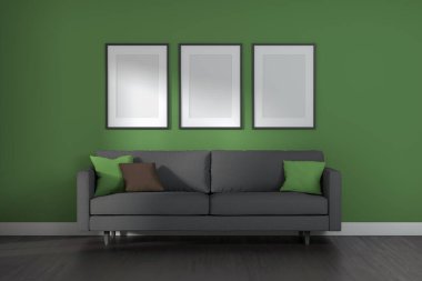 Oturma odasının iç tarafında gri kanepe, yastıklar, yeşil duvar arkası yeşil ekose. 3B görüntüleme.