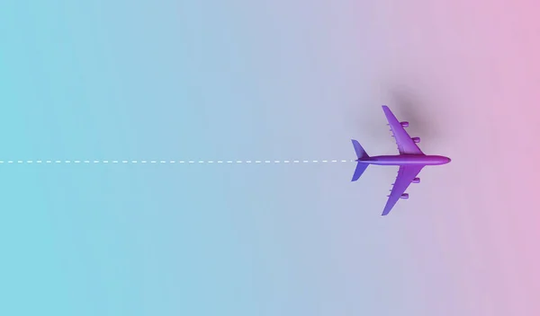 グラデーションの背景に紫色の飛行機 旅行のコンセプト 3Dレンダリング — ストック写真