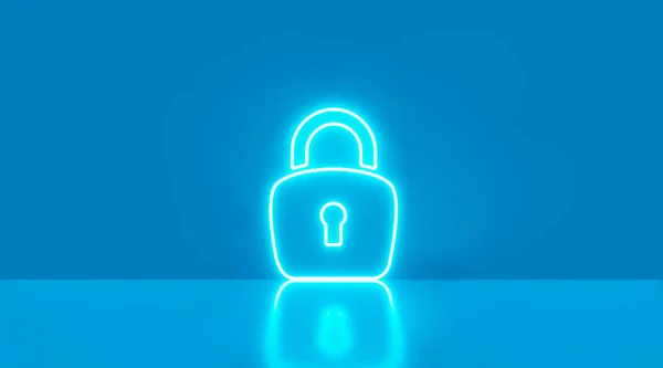Kybernetická Bezpečnost Holografická Neonová Ikona Modrá Reflexním Pozadím Ilustrace — Stock fotografie