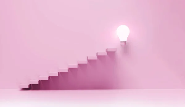 Stairs going upward. Ascending stairs of rising staircase to bulb light. Businesswoman rise, forward achievement, progress way. 3d rendering