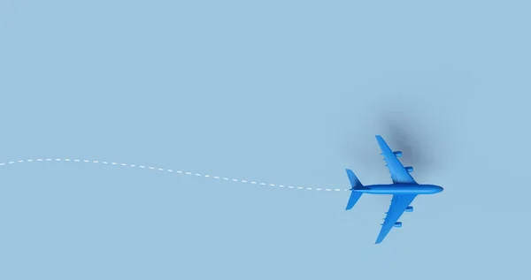 Vliegtuigspoor Blauwe Achtergrond Platte Lay Ontwerp Van Het Reisconcept Destructie — Stockfoto