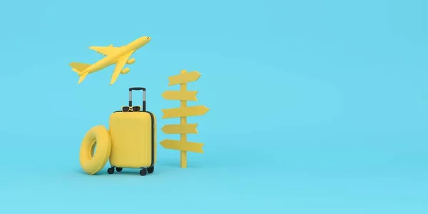 航空旅行概念黄色手提箱 浮动和蓝色背景的飞机 旅游目的地 3D渲染 — 图库照片