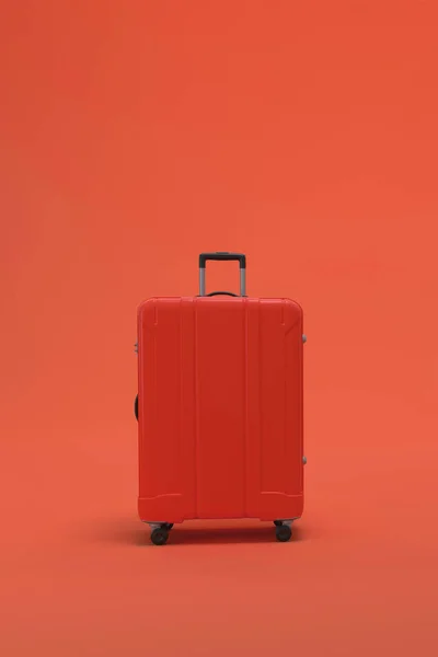 Roter Koffer Auf Rosa Oder Magenta Hintergrund Reiseurlaubskonzept Darstellung — Stockfoto