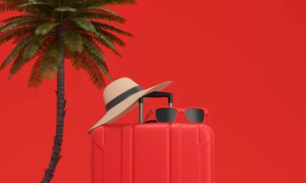 Czerwona Walizka Palma Kapelusz Okulary Przeciwsłoneczne Czerwonym Tle Wakacje Plaży — Zdjęcie stockowe