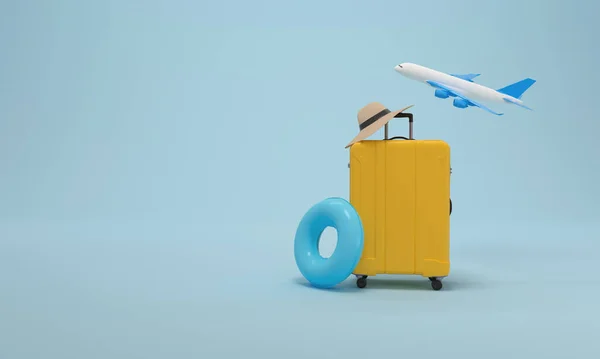 Yellow suitcase packed, float, hat and airplane on blue background for summer vacation. 3D Rendering