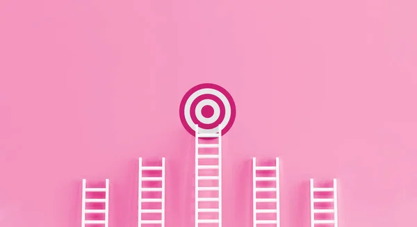 Target ladder achievement concept on pink wall studio background. Woman power. target, success concept with copy spaces for text. 3d rendering.