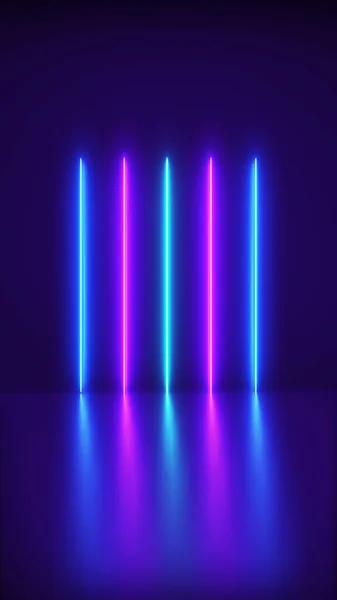 未来的抽象蓝色和紫色霓虹灯线的形状在彩色背景和反光 激光表演 夜总会室内灯光 发光线 垂直尺寸 — 图库照片