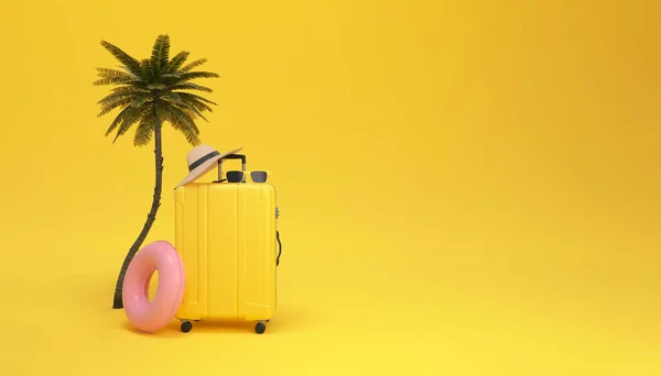 Napszemüveges Bőrönd Kalap Egy Sárga Hátterű Pálmafa Belsejében Utazás Paradicsom — Stock Fotó