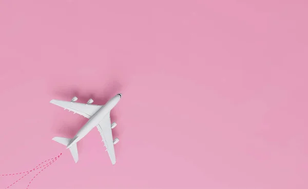 具有粉色背景的飞机 有不同的度假或商务旅行目的地 3D渲染 — 图库照片