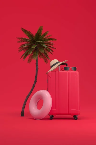 棕榈树 粉红色的浮子 太阳镜和红色衬里的红包 海滩上的异国情调度假概念 3D渲染 — 图库照片
