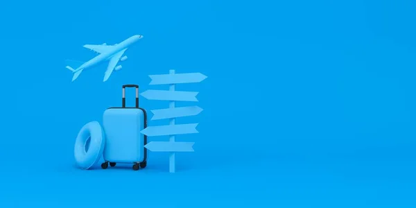 Багаж Літак Літають Плавають Білі Перехрестя Вказують Різні Напрямки Синьому — стокове фото