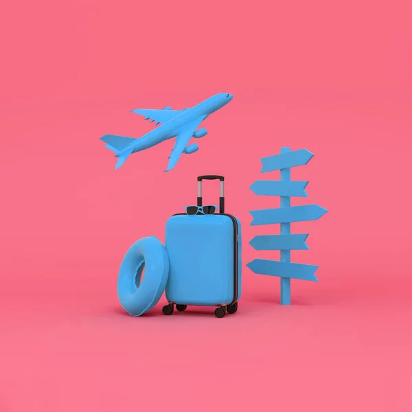 Bagaż Drogowskaz Platforma Samolot Różowym Tle Koncepcja Wakacyjnego Przeznaczenia Renderowanie — Zdjęcie stockowe