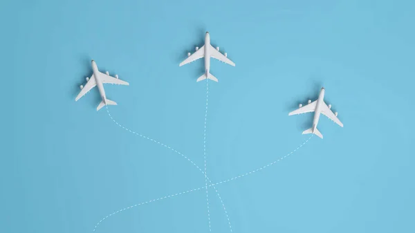 Aeronaves Viajando Para Diferentes Destinos Fundo Azul Trilha Renderização — Fotografia de Stock