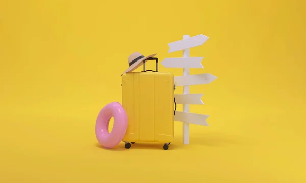 矢印記号 スーツケース 帽子とフロートと黄色の太陽の背景 3Dレンダリング — ストック写真