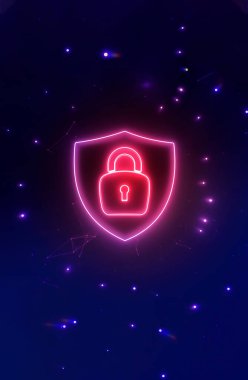 Veri koruması için neon kilit, siber güvenlik teknolojisi. 3d illüstrasyon.