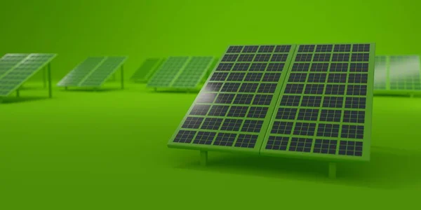 Granja Cuadrícula Paneles Solares Sobre Fondo Verde Concepto Sostenibilidad Renderizado —  Fotos de Stock