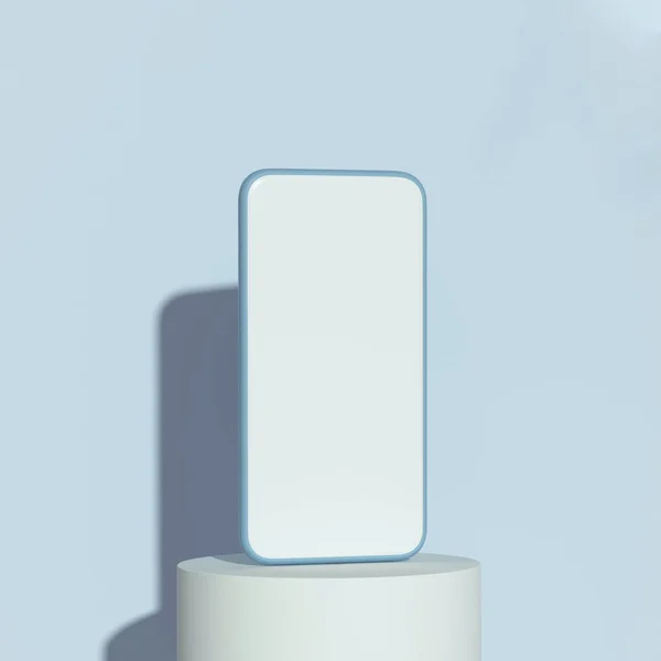 青の背景にプラットフォームの表彰台にスマートフォン 3Dレンダリング — ストック写真
