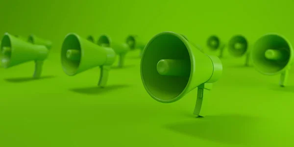 stock image Multiple megaphones in grid on green background, Sustainability concept. 3D illustration.