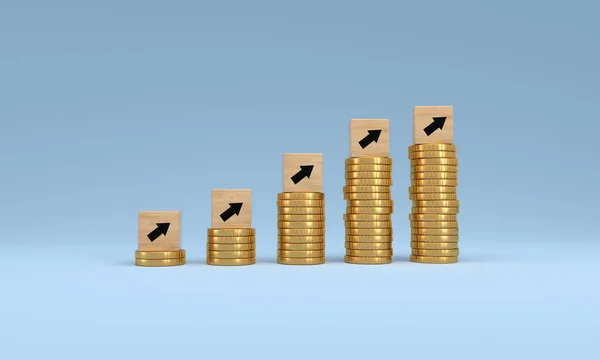 Freccia Cubo Legno Con Monete Sfondo Blu Concetto Dati Economici — Foto Stock