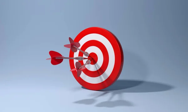 Red dart with arrow hitting target on blue background. Business aiming at the target concept. 3d rendering.