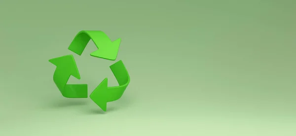 全景绿色回收标志 绿色背景的生态废物管理和可持续和经济的生活方式 3D渲染 — 图库照片
