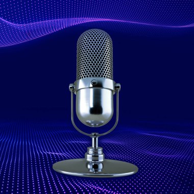 Soyut sanal gerçeklik arka planında mikrofon. Podcast, canlı yayın, canlı yayın, yaratıcı içeriği. 3d oluşturma.