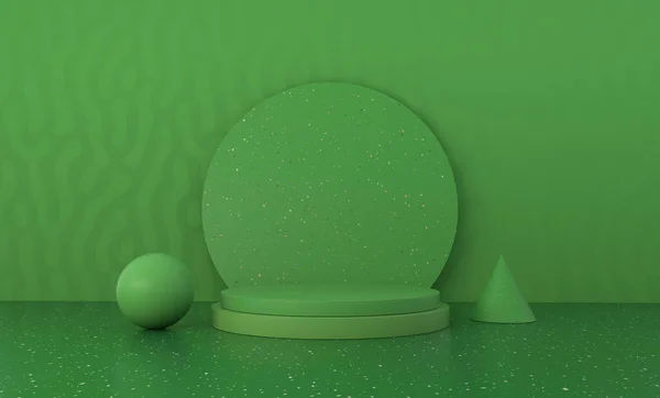 緑のテラゾのテクスチャとそれの隣に生態系の表彰台や幾何学的な形状のシーン 3Dイラスト — ストック写真