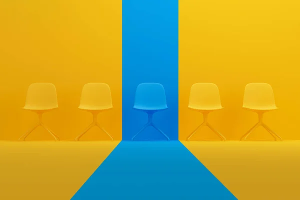 蓝色的椅子在黄色的工作室背景下 从椅子的人群中脱颖而出 124 人力资源管理概念 3D渲染 — 图库照片