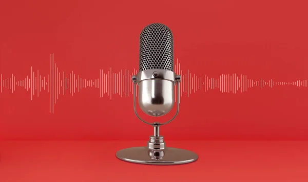 Μικρόφωνο Και Ηχητικό Κύμα Ένα Φόντο Στούντιο Ματζέντα Podcast Live — Φωτογραφία Αρχείου