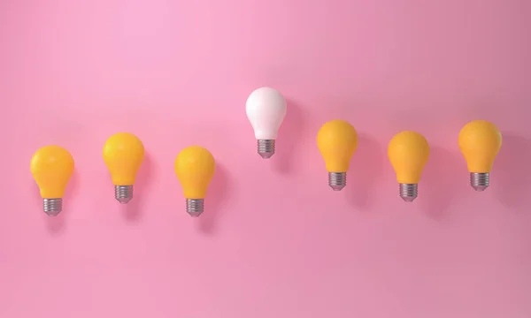 在粉红色背景的黄色灯泡群中 灯泡突出 创新思维独特 3D渲染 — 图库照片