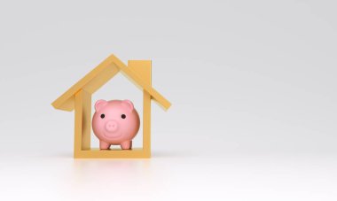Beyaz arka planda Icon House ve Piggy Bankası. Para biriktirme, yeni bir ev alma kavramı. 3B görüntüleme.
