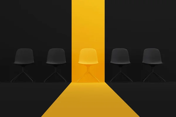 stock image Yellow chair standing out from the crowd. Human resource management and recruitment business concept. 3d rendering.