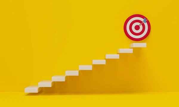 Escaleras Apuntan Flecha Sobre Fondo Amarillo Renderizado —  Fotos de Stock