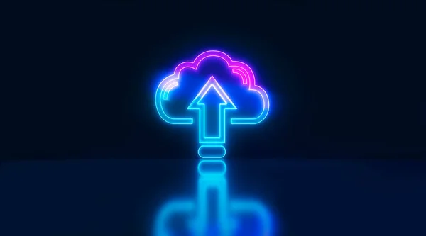 Neon cloud upload data neon sign in blue with reflection background. Cloud technology. 3d rendering