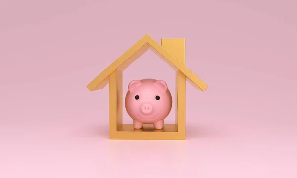 Piggy bank inside icon house on pink background. 3D rendering.