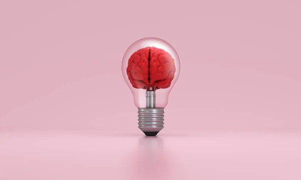 Hjärnan Inuti Glödlampa Rosa Bakgrund Begreppet Inspiration Kreativitet Idé Utbildning — Stockfoto