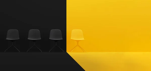 好漂亮的椅子排成一排 黄色的椅子突出 招聘业务概念 3D渲染 — 图库照片