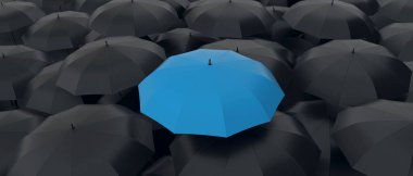 Blue umbrella stand out from the crowd of many black umbrellas. being different concept. 3D rendering. clipart
