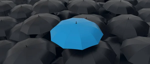 Blue umbrella stand out from the crowd of many black umbrellas. being different concept. 3D rendering.