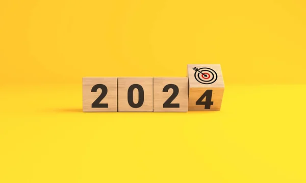 Dardo Alvo Ano 2024 Fundo Amarelo 2024 Planeamento Empresarial Conceito — Fotografia de Stock