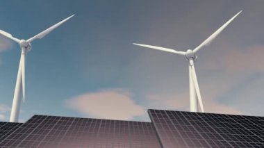 Mavi gökyüzündeki güç istasyonunda güneş panelleri ve rüzgar türbinleri doğadan alternatif yenilenebilir enerji. 4K video.